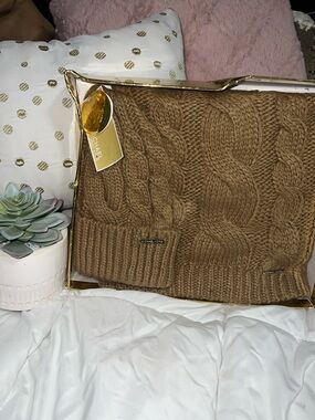 Michael Kors Tan Cable Knit Hat and Scarf Set
